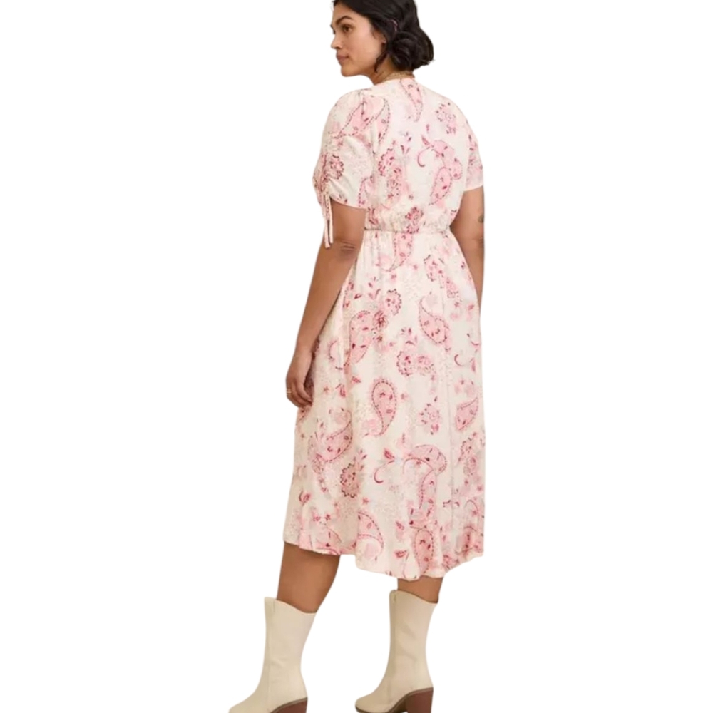 Torrid Midi Swiss Dot Surplice Paisley Wrap Dress Pink Cream Short Sleeve Lined - Picture 4 of 12